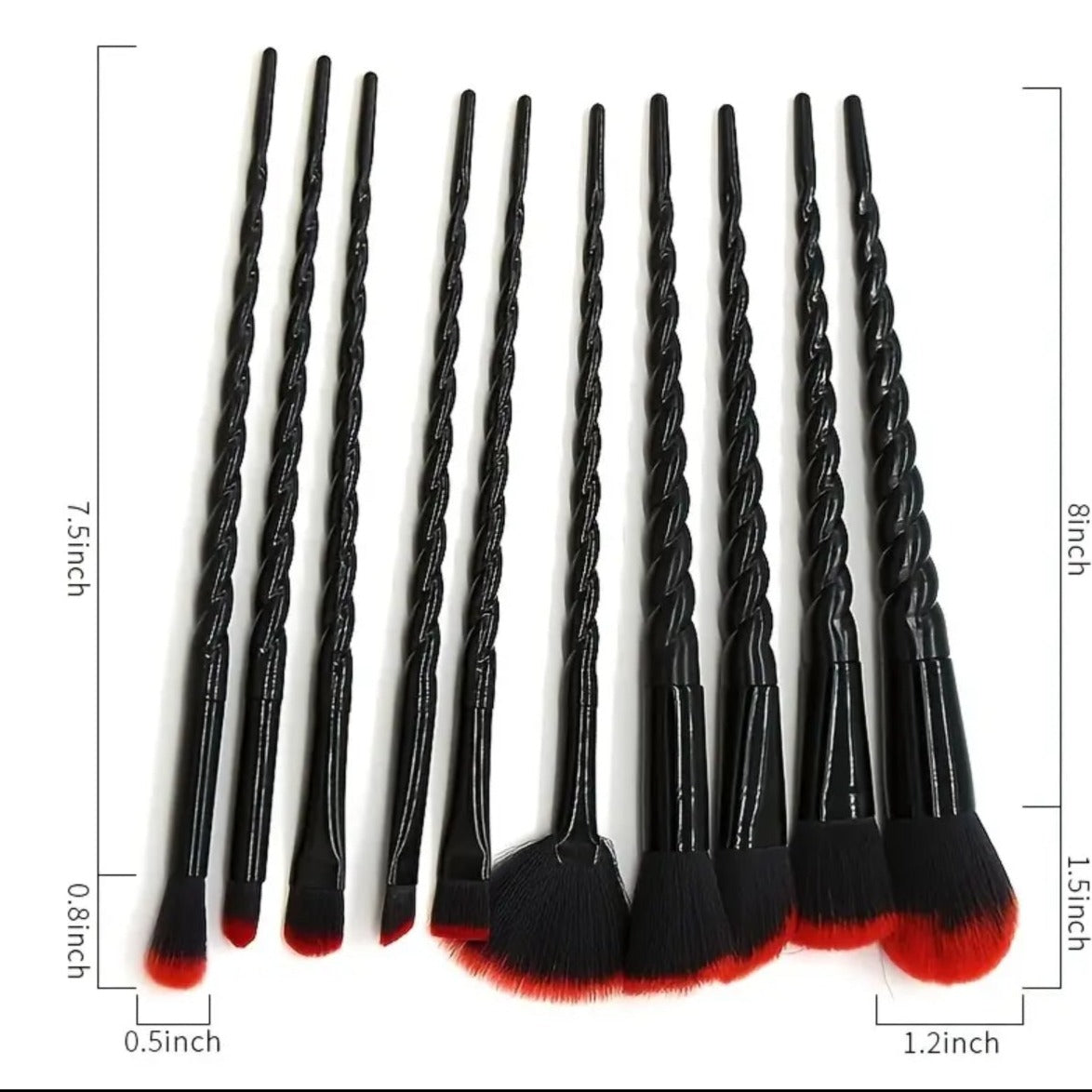 10 piece Black and red tipped make up brushes
