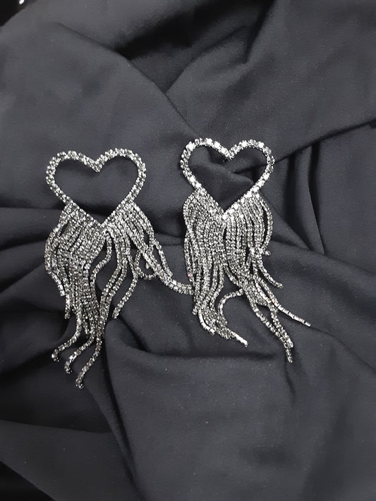 Open Heart Black Rhinestone Tassel Earrings