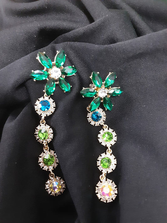 Green Crystal accent drop earrings with golden tone